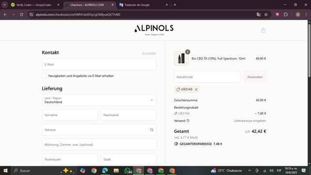 Alpinols checkout page showing Alpinols promo code box | Screenshot taken by SimplyCodes community member on Aug 10, 2025
