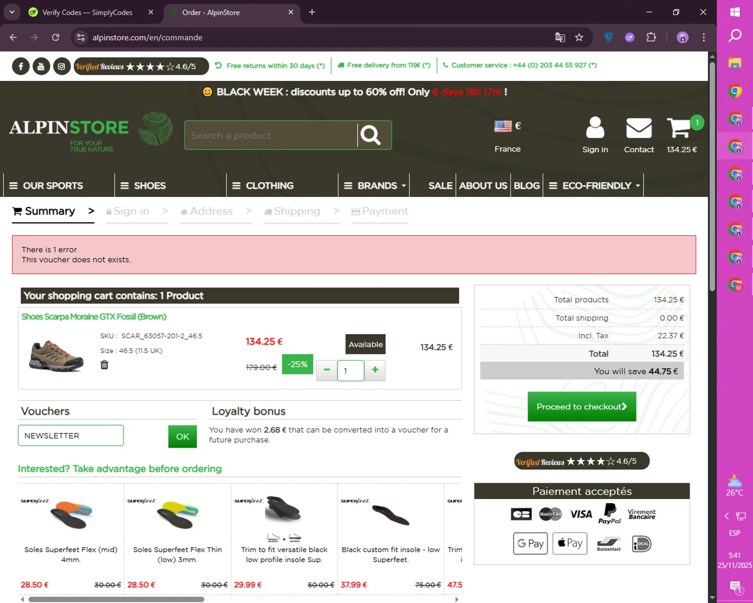 Alpin Store promo code screenshot showing code NEWSLETTER applied at Alpin Store checkout page. Uploaded by SimplyCodes community member CashSaver4711 on Nov 25, 2025