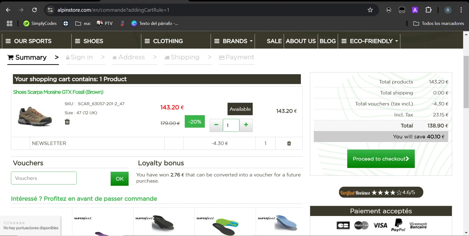 Alpin Store checkout page showing Alpin Store promo code box | Screenshot taken by SimplyCodes community member on Jan 25, 2025