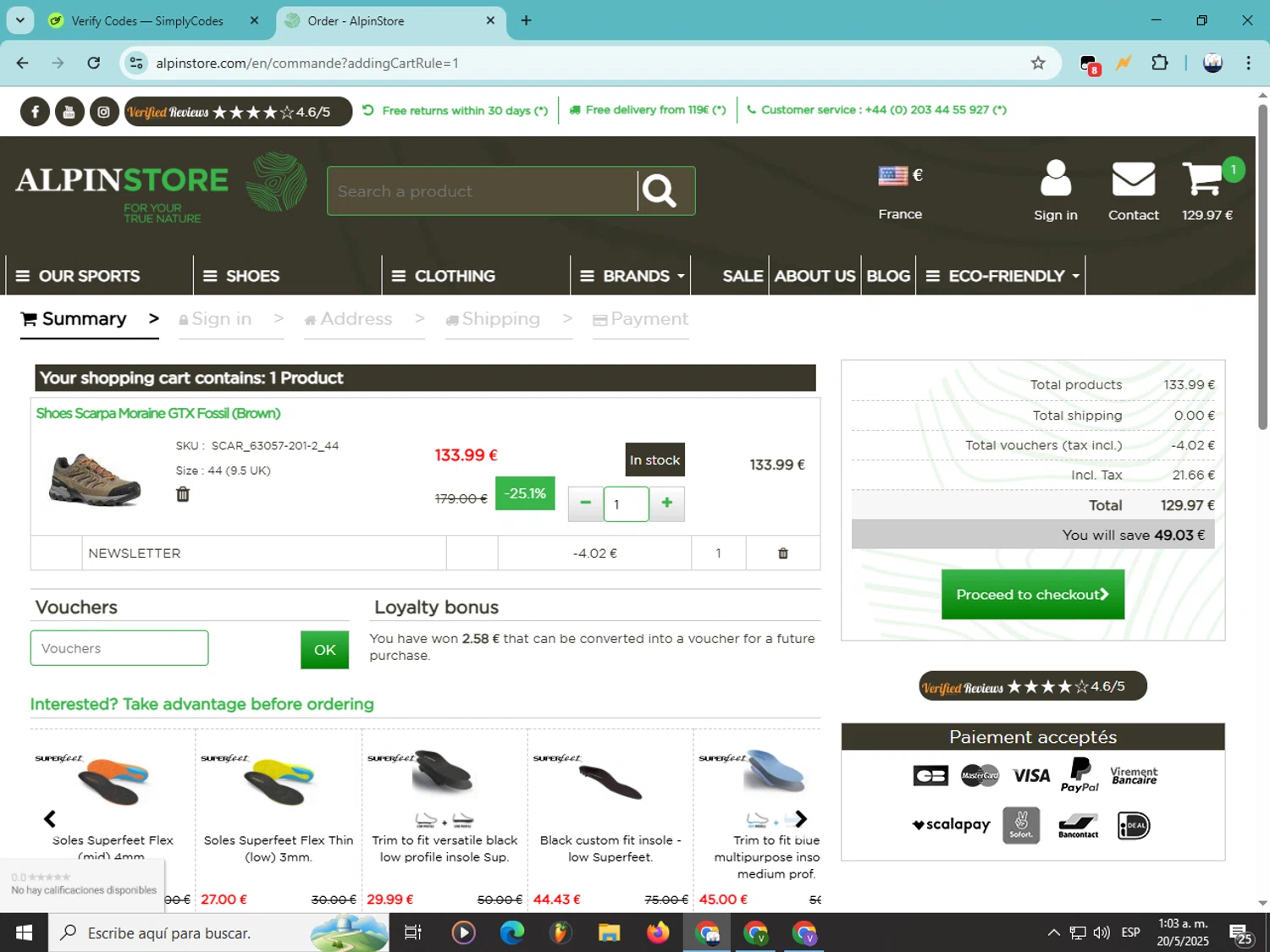 Alpin Store checkout page showing Alpin Store promo code box | Screenshot taken by SimplyCodes community member on May 20, 2025