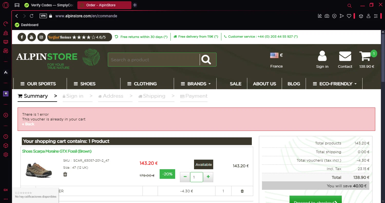 Alpin Store checkout page showing Alpin Store promo code box | Screenshot taken by SimplyCodes community member on Dec 27, 2024
