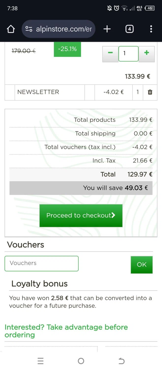 Alpin Store checkout page showing Alpin Store promo code box | Screenshot taken by SimplyCodes community member on Jun 24, 2025