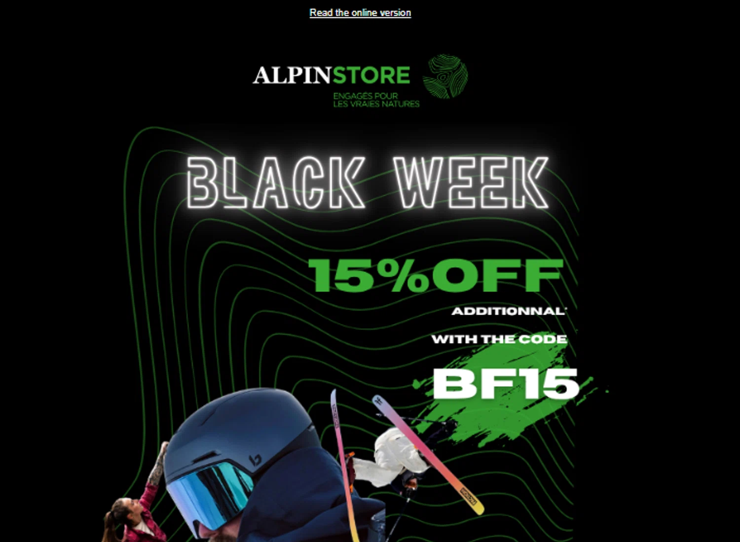 Alpin Store promo code screenshot showing code BF15 applied at Alpin Store checkout page. Uploaded by SimplyCodes community member Aressss on Nov 14, 2025