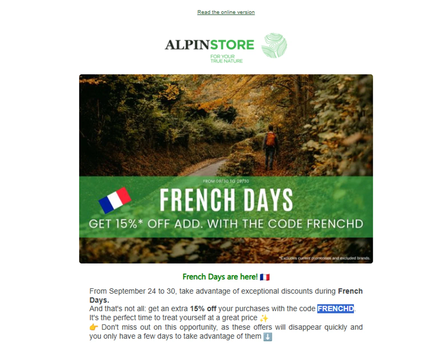 Alpin Store promo code screenshot showing code FRENCHD applied at Alpin Store checkout page. Uploaded by SimplyCodes community member Aressss on Sep 24, 2025