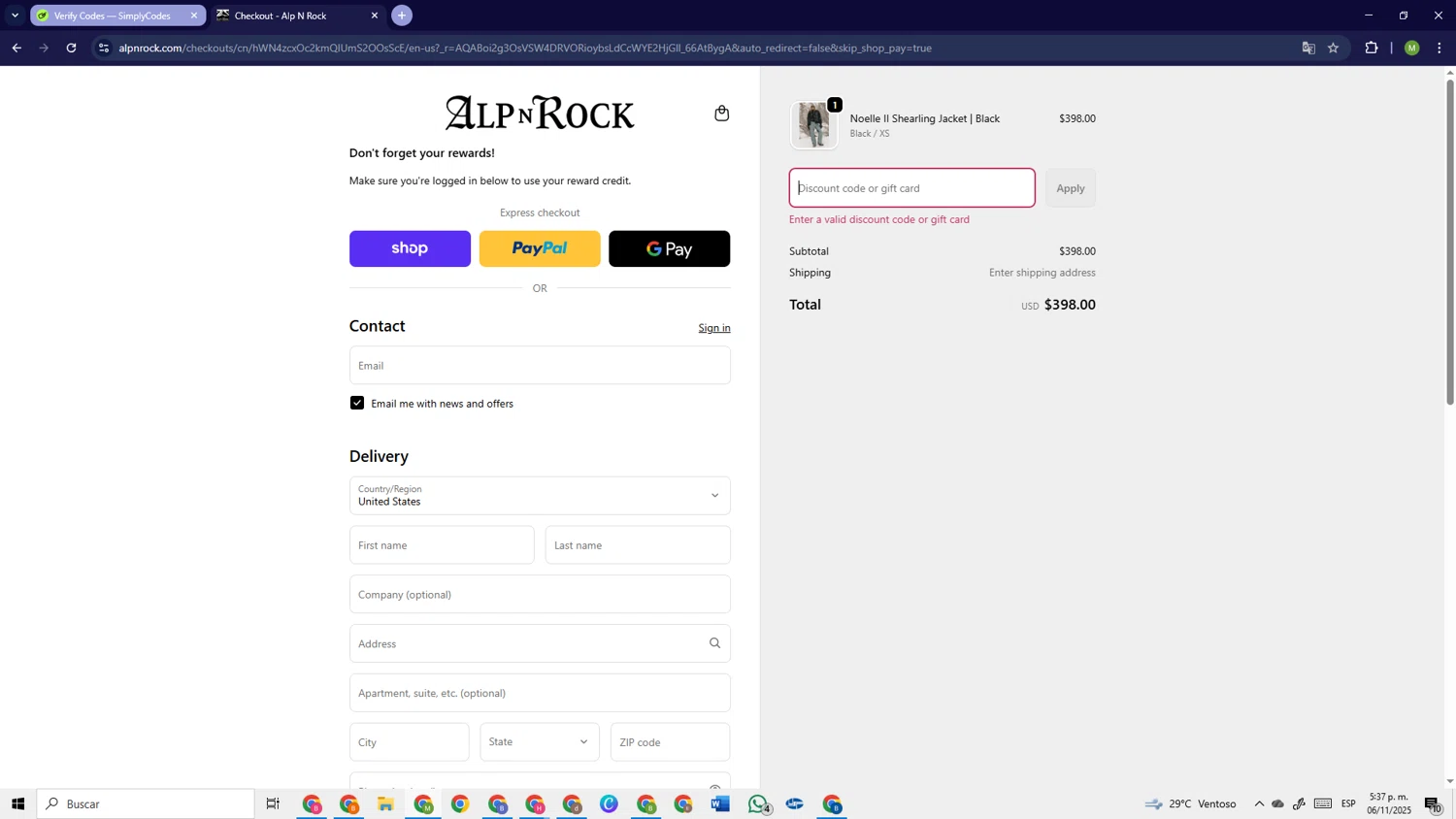 Alp-n-Rock discount code screenshot showing code Sue25 applied at Alp-n-Rock checkout page. Uploaded by SimplyCodes community member PrimeSage6924 on Nov 6, 2025