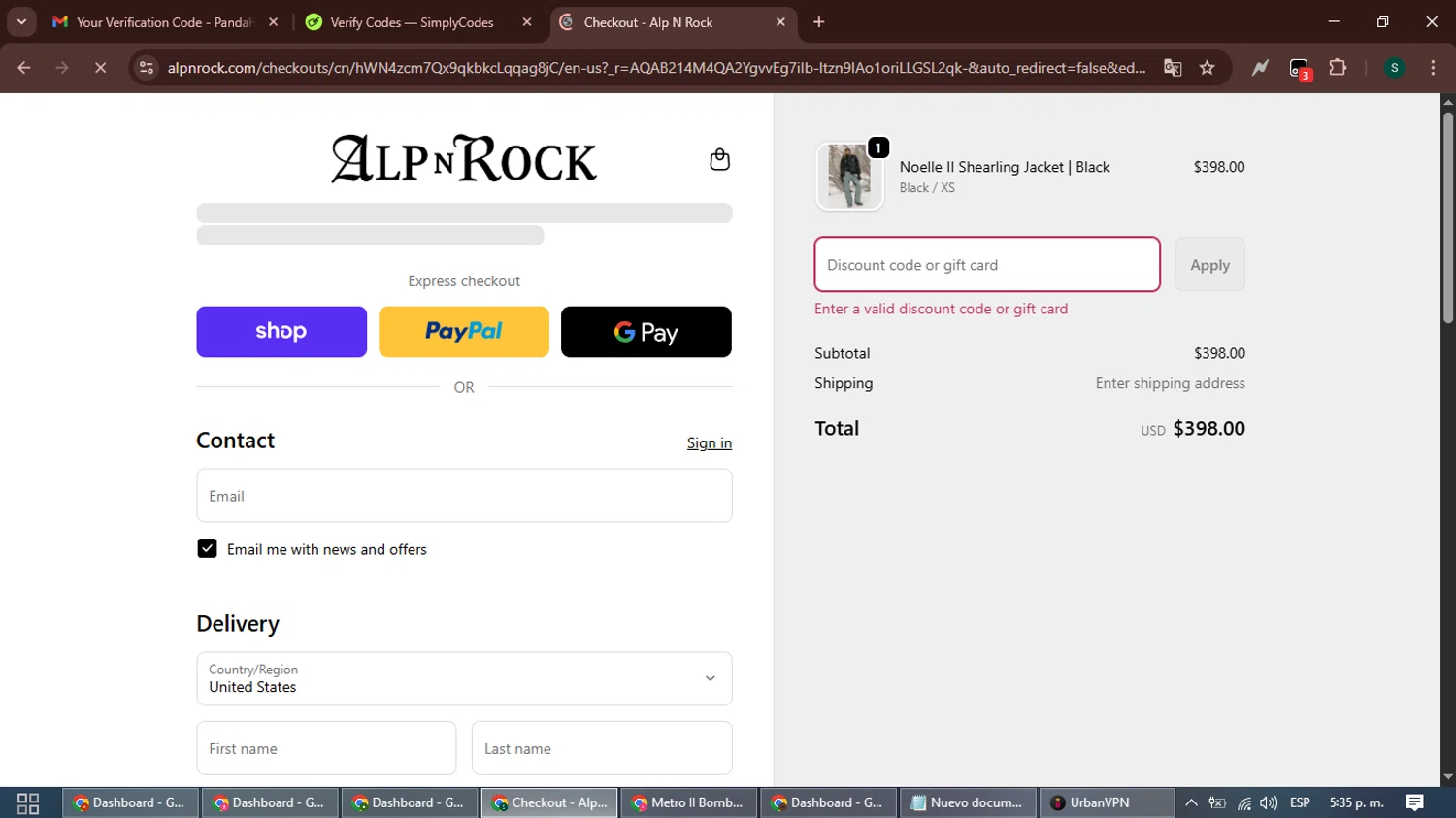 Alp-n-Rock discount code screenshot showing code Sue25 applied at Alp-n-Rock checkout page. Uploaded by SimplyCodes community member ShrewdAce7935 on Nov 6, 2025