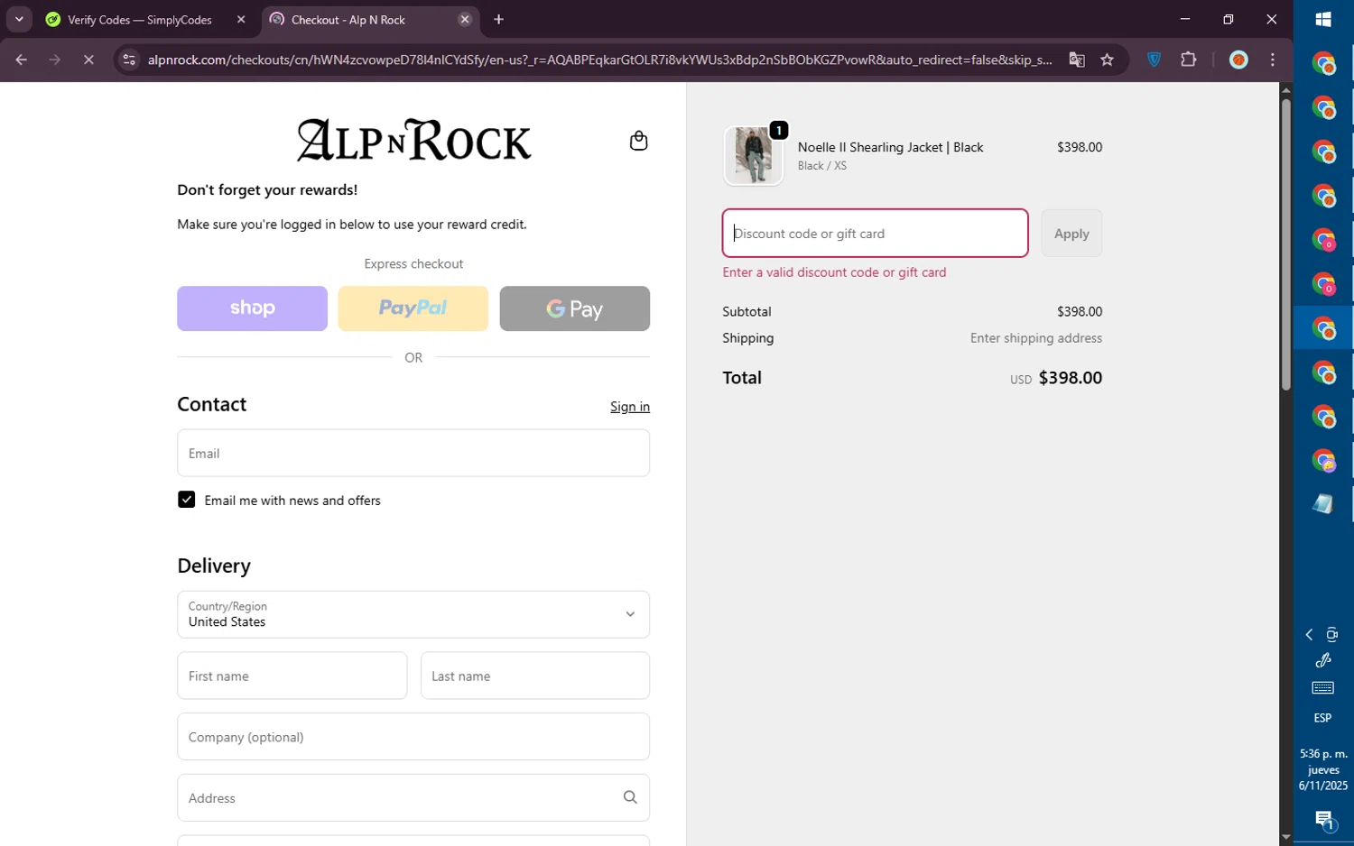 Alp-n-Rock discount code screenshot showing code Phoebe25 applied at Alp-n-Rock checkout page. Uploaded by SimplyCodes community member PromoVoyager8446 on Nov 6, 2025