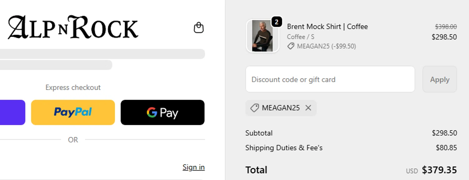 Alp-n-Rock checkout page showing Alp-n-Rock discount code box | Screenshot taken by SimplyCodes community member on Feb 20, 2026