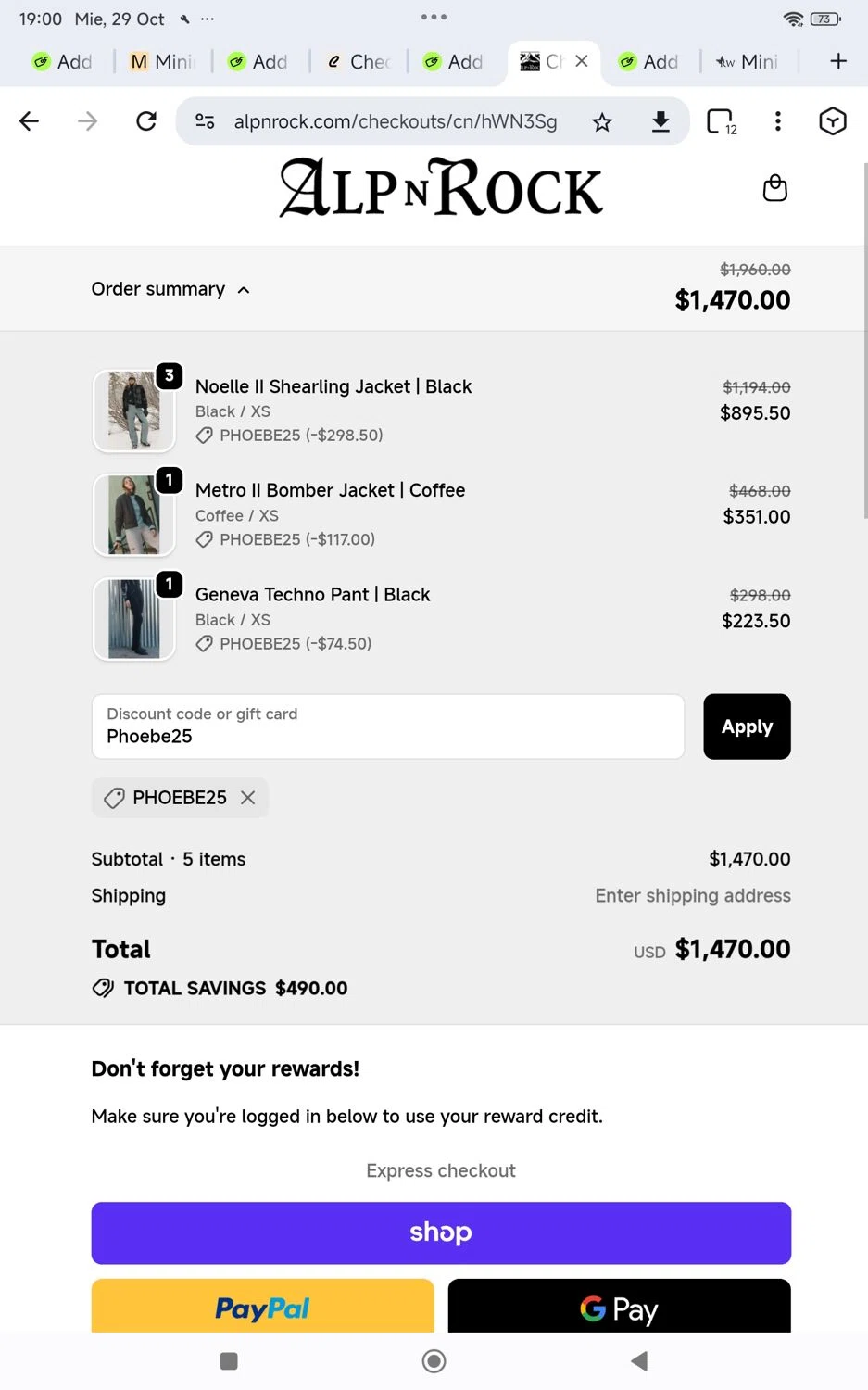 Alp-n-Rock discount code screenshot showing code Phoebe25 applied at Alp-n-Rock checkout page. Uploaded by SimplyCodes community member KarinaHZ on Oct 29, 2025