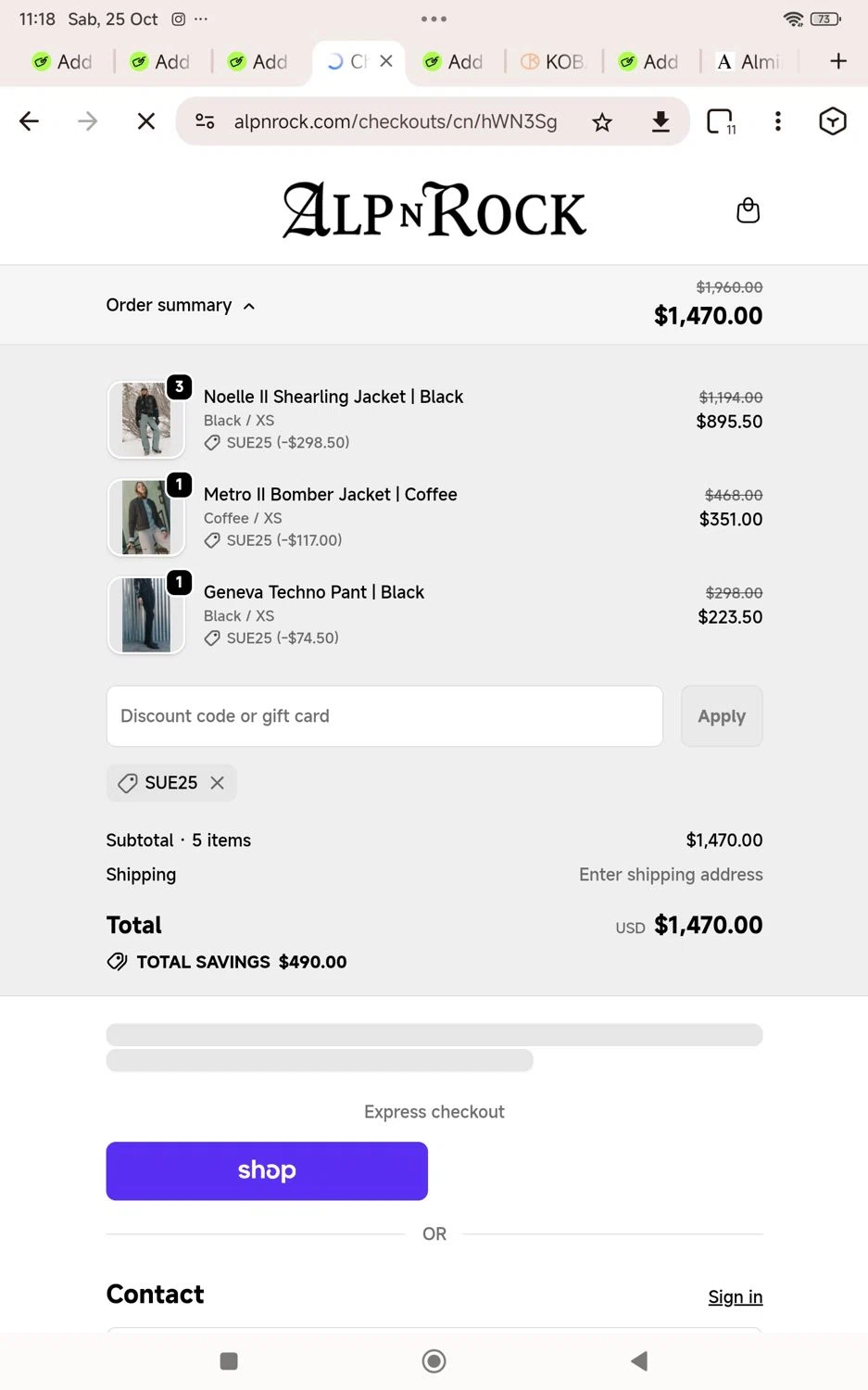 Alp-n-Rock discount code screenshot showing code Sue25 applied at Alp-n-Rock checkout page. Uploaded by SimplyCodes community member KarinaHZ on Oct 25, 2025