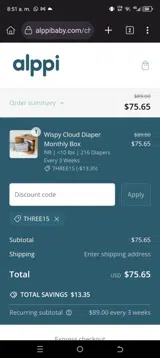 THREE15 coupon verification screenshot
