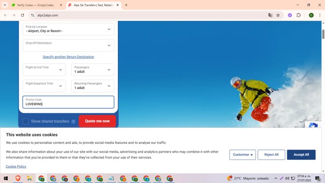 Alps2Alps checkout page showing Alps2Alps discount code box | Screenshot taken by SimplyCodes community member on Jul 27, 2025
