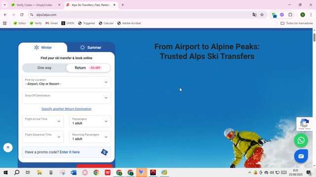 Alps2Alps checkout page showing Alps2Alps discount code box | Screenshot taken by SimplyCodes community member on Aug 25, 2025