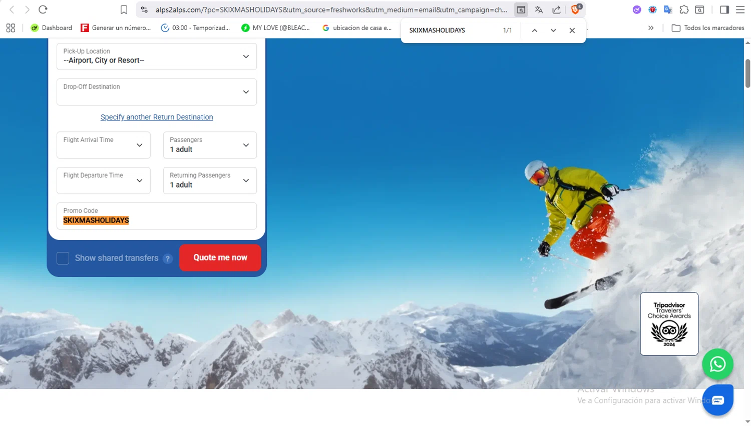 Alps2Alps promo code screenshot showing code SKIXMASHOLIDAYS applied at Alps2Alps checkout page. Uploaded by SimplyCodes community member VoucherFalcon3942 on Dec 22, 2025