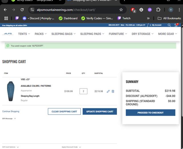 ALPS Mountaineering checkout page showing ALPS Mountaineering promo code box | Screenshot taken by SimplyCodes community member on Aug 22, 2025