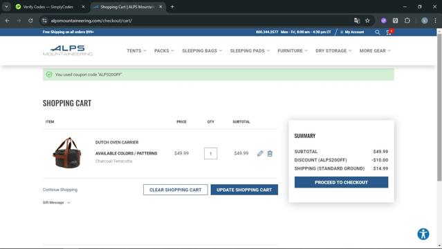 ALPS Mountaineering checkout page showing ALPS Mountaineering promo code box | Screenshot taken by SimplyCodes community member on Aug 30, 2025
