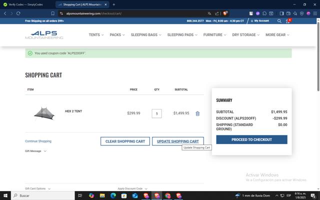 ALPS Mountaineering checkout page showing ALPS Mountaineering promo code box | Screenshot taken by SimplyCodes community member on Aug 1, 2025