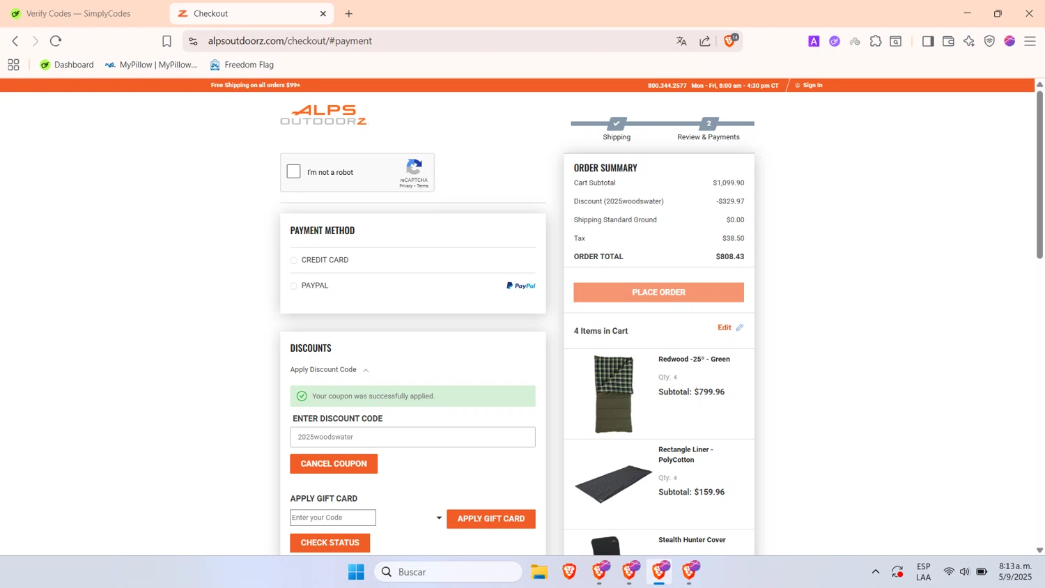 ALPS OutdoorZ discount code screenshot showing code 2025woodswater applied at ALPS OutdoorZ checkout page. Uploaded by SimplyCodes community member WonderHawk4190 on Sep 5, 2025