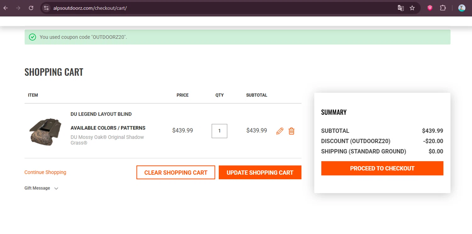 ALPS OutdoorZ checkout page showing ALPS OutdoorZ discount code box | Screenshot taken by SimplyCodes community member on Jan 5, 2026