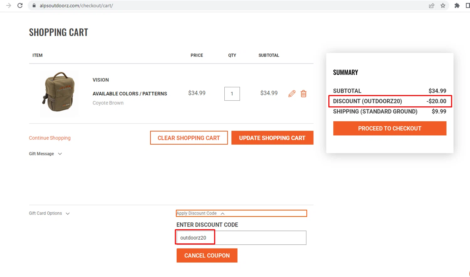 ALPS OutdoorZ discount code screenshot showing code OUTDOORZ20 applied at ALPS OutdoorZ checkout page. Uploaded by SimplyCodes community member nileskamarcano on Dec 12, 2025