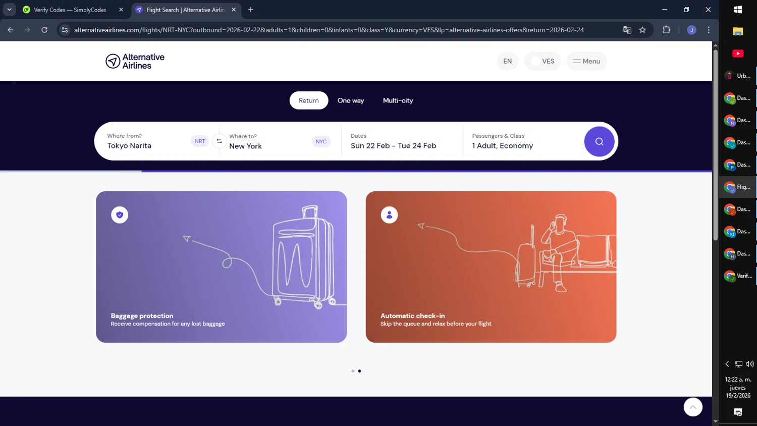 Alternative Airlines promo code screenshot showing code TAMARA60 applied at Alternative Airlines checkout page. Uploaded by SimplyCodes community member CouponGuardian8137 on Feb 19, 2026