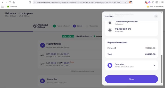 Alternative Airlines checkout page showing Alternative Airlines promo code box | Screenshot taken by SimplyCodes community member on Aug 30, 2025
