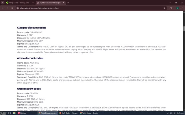 Alternative Airlines checkout page showing Alternative Airlines promo code box | Screenshot taken by SimplyCodes community member on Aug 26, 2025