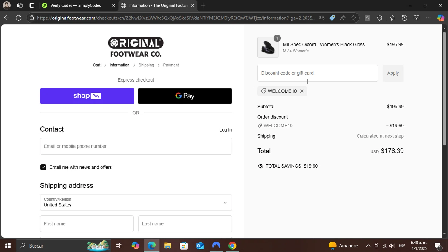 Altama discount code screenshot showing code WELCOME10 applied at Altama checkout page. Uploaded by SimplyCodes community member WonderKnight7884 on Jan 4, 2025