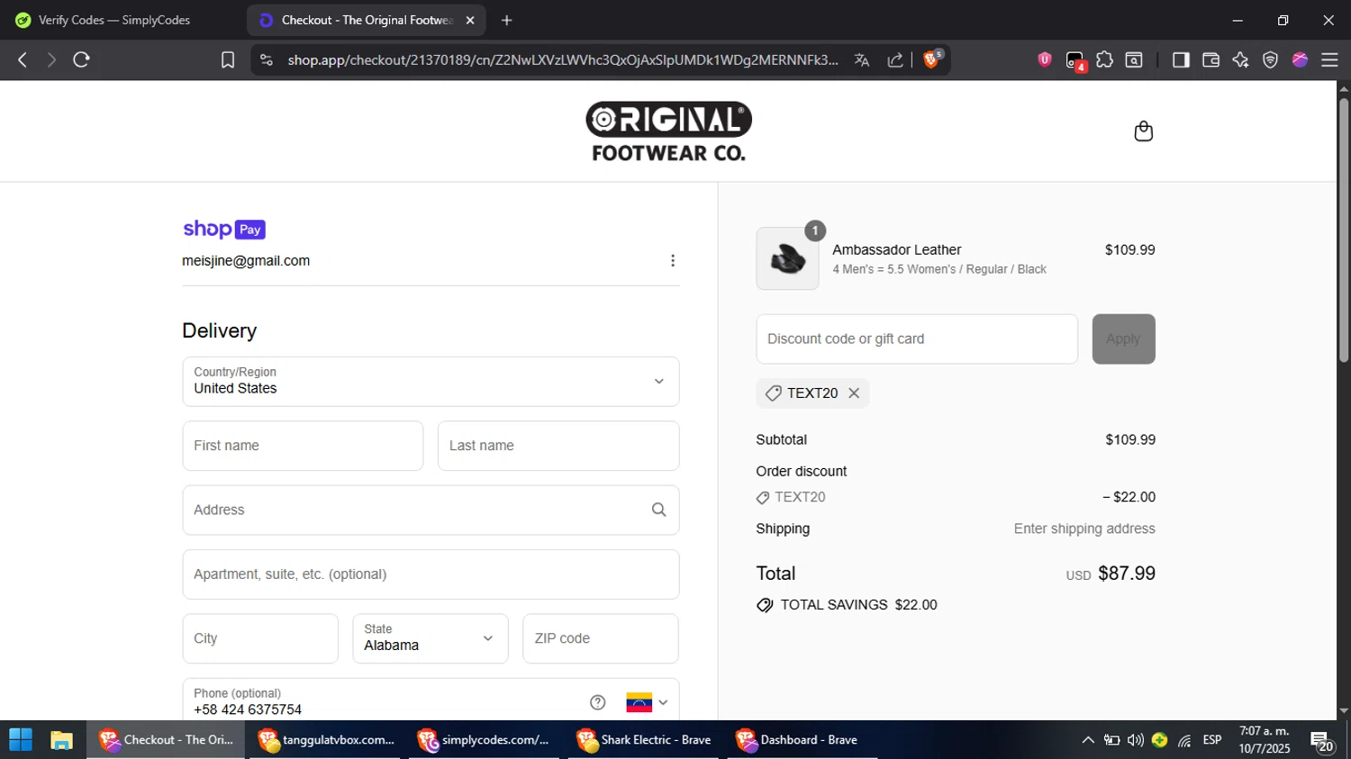 Altama discount code screenshot showing code Text20 applied at Altama checkout page. Uploaded by SimplyCodes community member Cynoxx on Jul 10, 2025