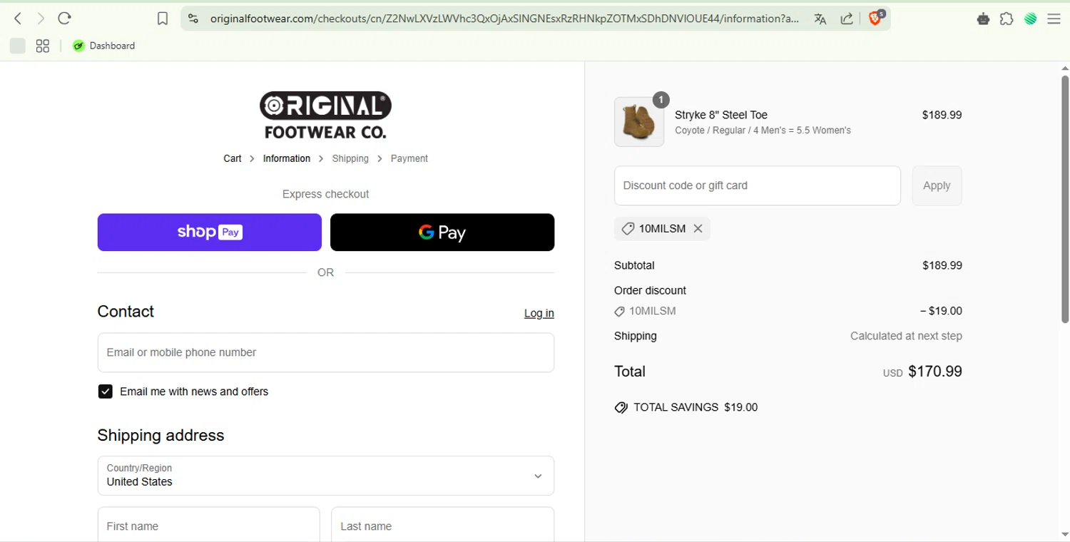 Altama discount code screenshot showing code 10MILSM applied at Altama checkout page. Uploaded by SimplyCodes community member pipemalkovich on Apr 22, 2025