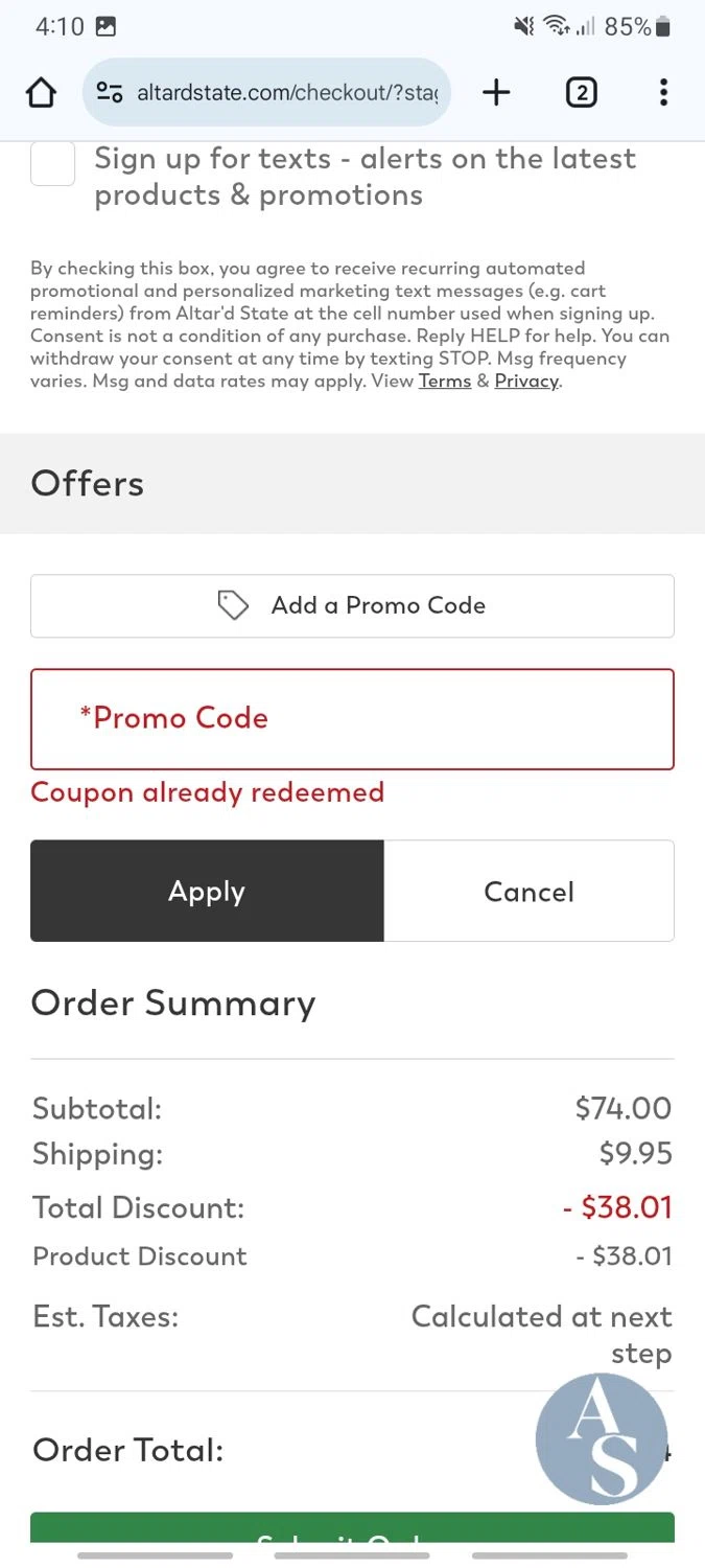 Altar'd State promo code screenshot showing code Sale25-NNVZ65WRN3 applied at Altar'd State checkout page. Uploaded by SimplyCodes community member Ric_alfon on Apr 5, 2025