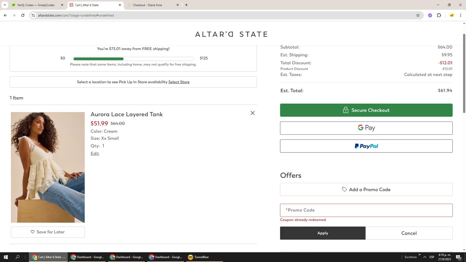 Altar'd State promo code screenshot showing code Sale25-NNVZ65WRN3 applied at Altar'd State checkout page. Uploaded by SimplyCodes community member Richard251 on Aug 27, 2025