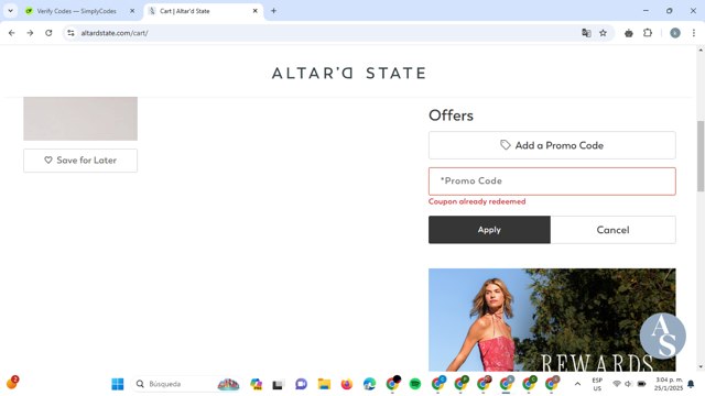 Altar'd State checkout page showing Altar'd State promo code box | Screenshot taken by SimplyCodes community member on Jan 25, 2025