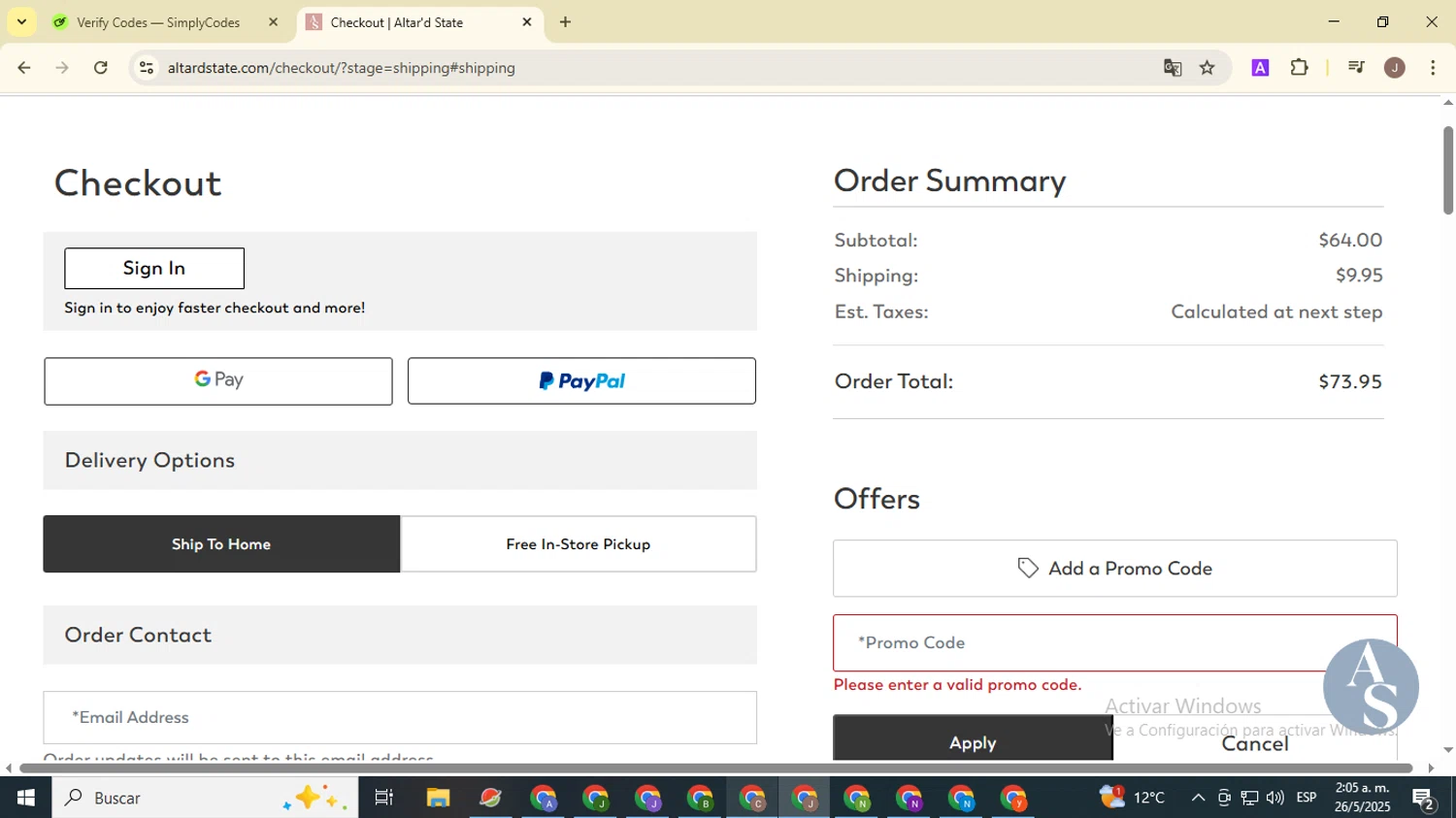 Altar'd State promo code screenshot showing code CASS15 applied at Altar'd State checkout page. Uploaded by SimplyCodes community member ValiantHero2365 on May 26, 2025