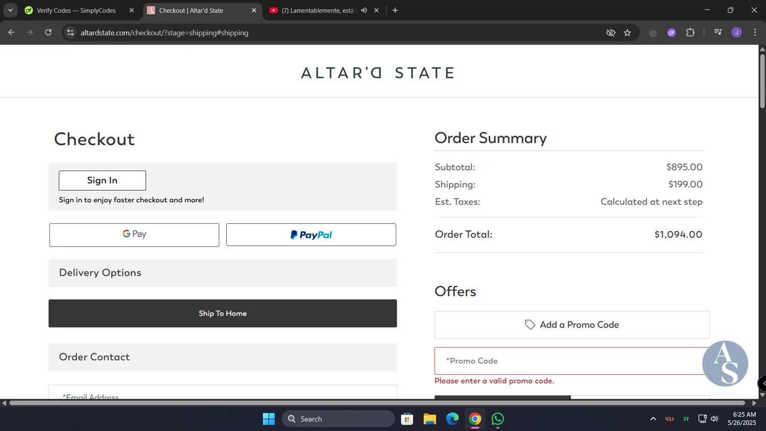 Altar'd State promo code screenshot showing code CASS15 applied at Altar'd State checkout page. Uploaded by SimplyCodes community member lunita on May 26, 2025