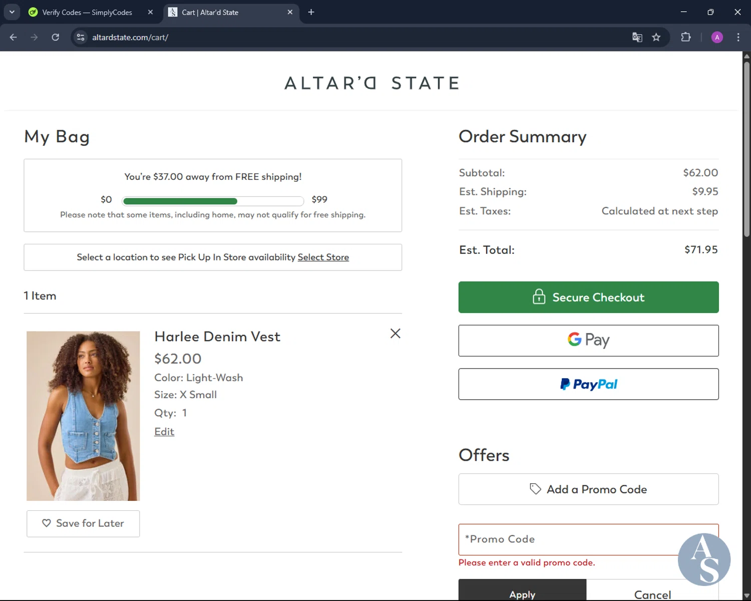 Altar'd State promo code screenshot showing code Abbierush15 applied at Altar'd State checkout page. Uploaded by SimplyCodes community member AV2ACG on Apr 10, 2025