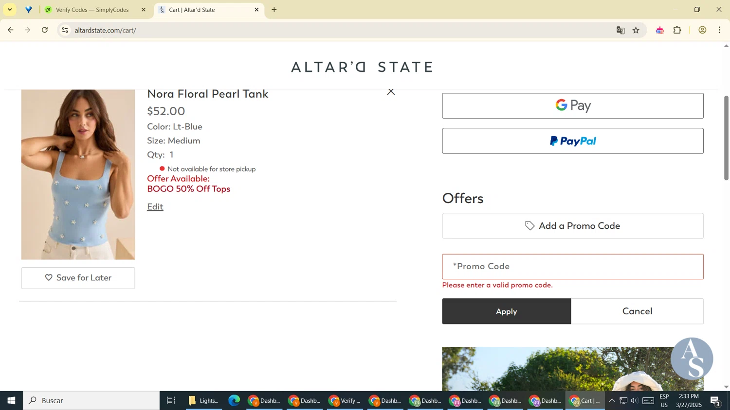 Altar'd State promo code screenshot showing code Abbierush15 applied at Altar'd State checkout page. Uploaded by SimplyCodes community member ShrewdDefender8007 on Mar 27, 2025