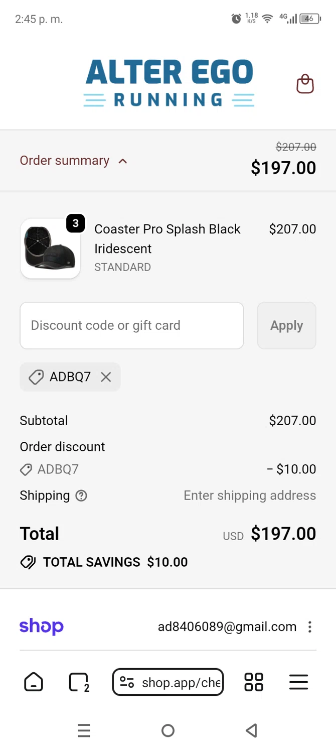 Alter Ego Running discount code screenshot showing code ADBQ7 applied at Alter Ego Running checkout page. Uploaded by SimplyCodes community member AnthonyGuapeton94 on Feb 9, 2026