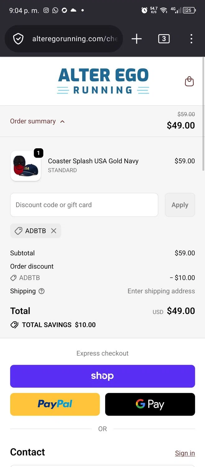Alter Ego Running discount code screenshot showing code ADBTB applied at Alter Ego Running checkout page. Uploaded by SimplyCodes community member Emil05111429 on Feb 8, 2026