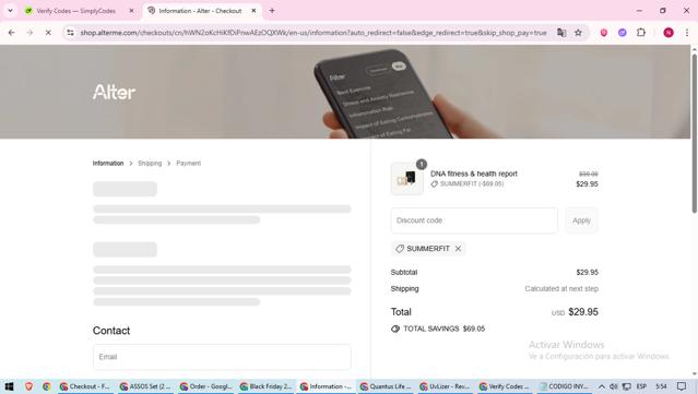 Alter Me checkout page showing Alter Me promo code box | Screenshot taken by SimplyCodes community member on Sep 10, 2025