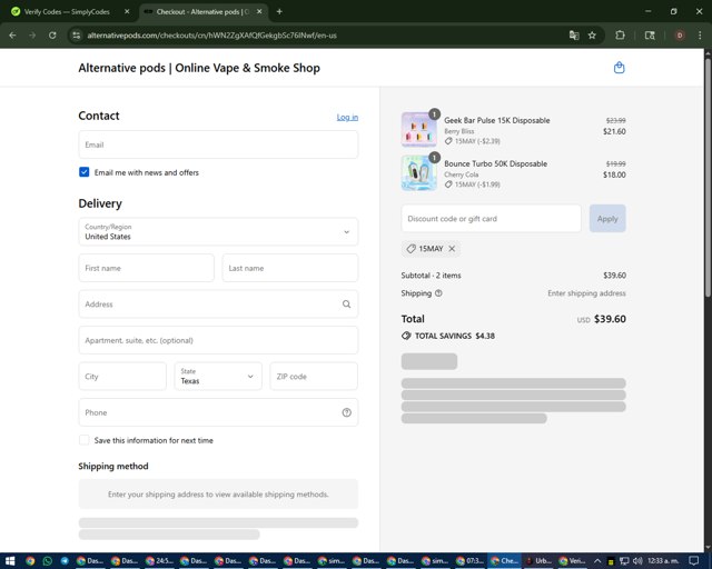 Alternative Pods checkout page showing Alternative Pods discount code box | Screenshot taken by SimplyCodes community member on Sep 4, 2025