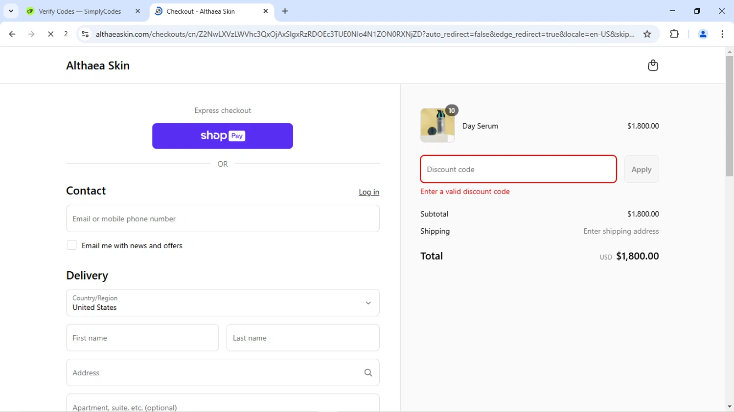 Althaea Skin promo code screenshot showing code VIP15 applied at Althaea Skin checkout page. Uploaded by SimplyCodes community member Alaia2026 on Jun 6, 2025