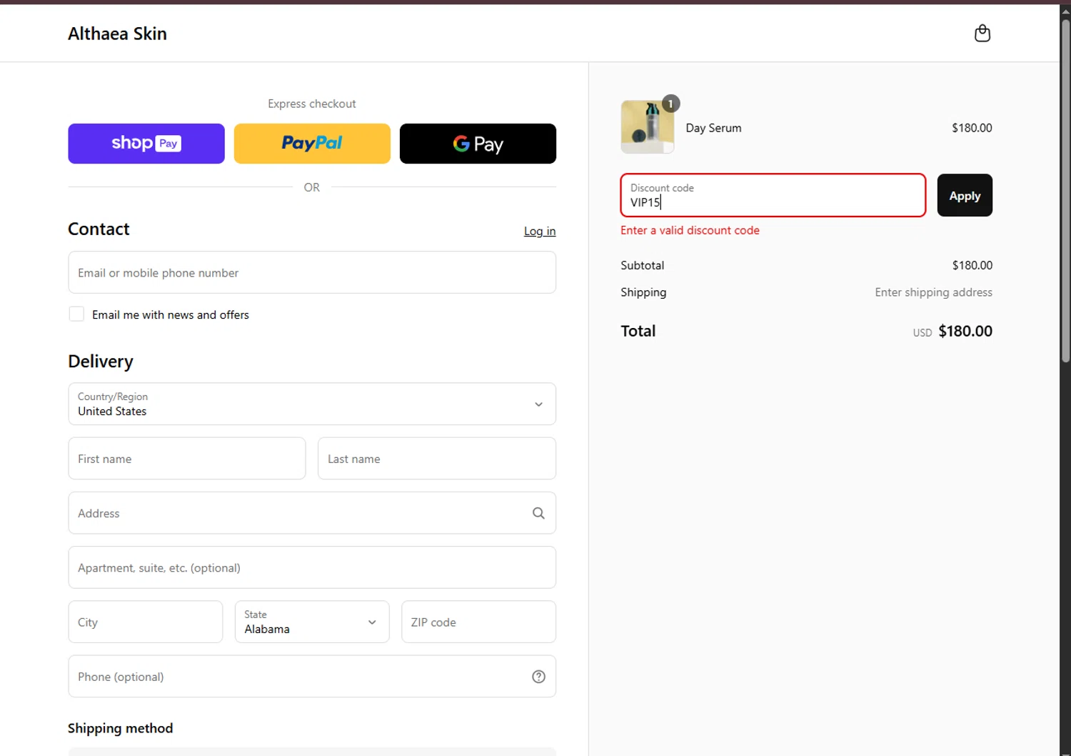 Althaea Skin promo code screenshot showing code VIP15 applied at Althaea Skin checkout page. Uploaded by SimplyCodes community member TreasureChaser3010 on Jun 6, 2025