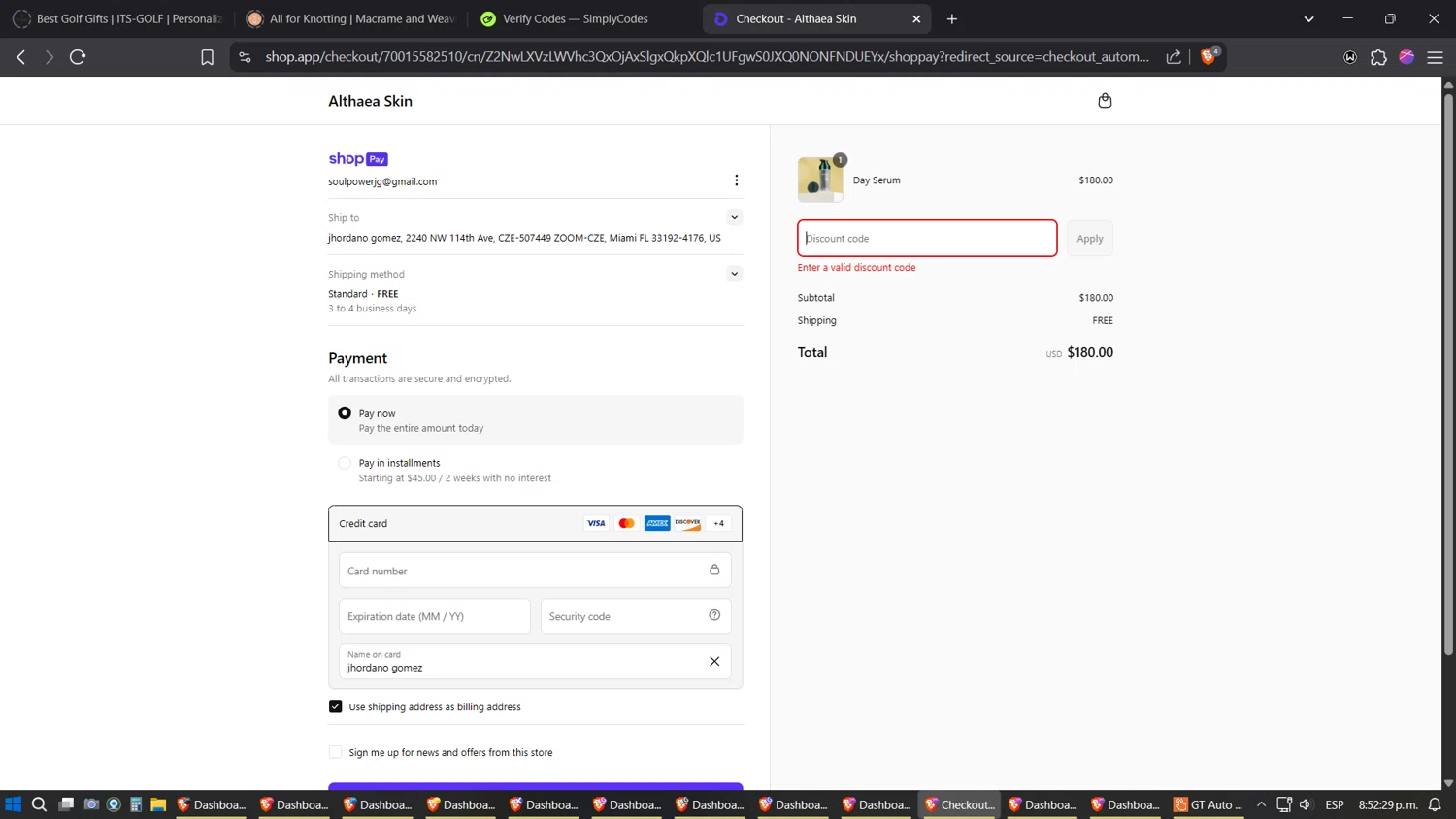 Althaea Skin promo code screenshot showing code VIP15 applied at Althaea Skin checkout page. Uploaded by SimplyCodes community member jhordano on Jun 6, 2025