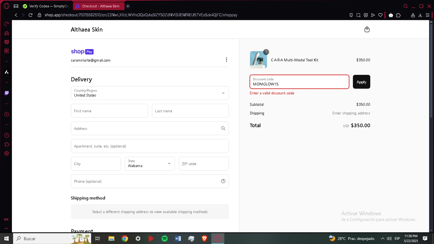 Althaea Skin promo code screenshot showing code MOMGLOW15 applied at Althaea Skin checkout page. Uploaded by SimplyCodes community member ACIDOSULFURICO on May 23, 2025