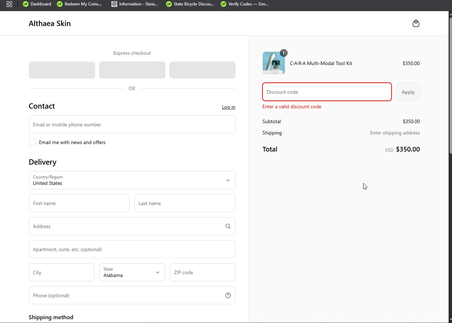 Althaea Skin promo code screenshot showing code MOMGLOW15 applied at Althaea Skin checkout page. Uploaded by SimplyCodes community member Doomslayer on May 23, 2025