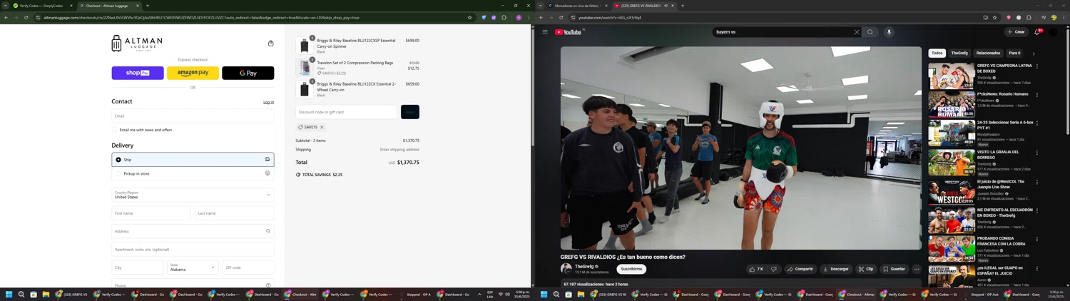Altman Luggage discount code screenshot showing code SAVE15 applied at Altman Luggage checkout page. Uploaded by SimplyCodes community member PennyWizard1195 on Jun 15, 2025