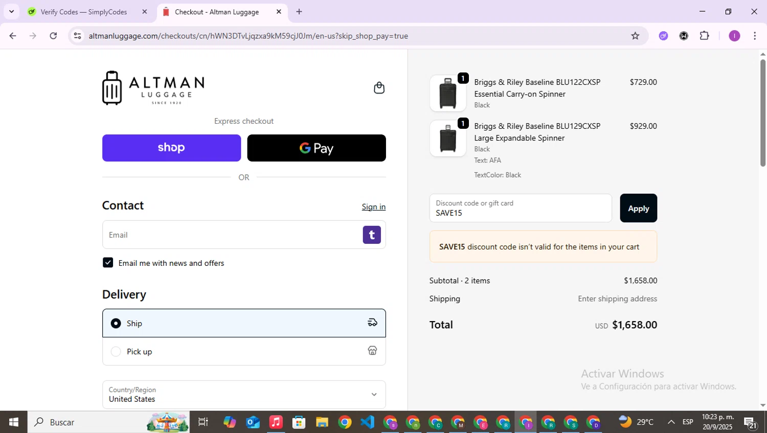 Altman Luggage discount code screenshot showing code SAVE15 applied at Altman Luggage checkout page. Uploaded by SimplyCodes community member RebateAce6764 on Sep 21, 2025
