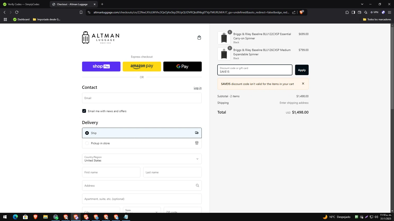 Altman Luggage discount code screenshot showing code SAVE15 applied at Altman Luggage checkout page. Uploaded by SimplyCodes community member yesenia on Jan 31, 2025