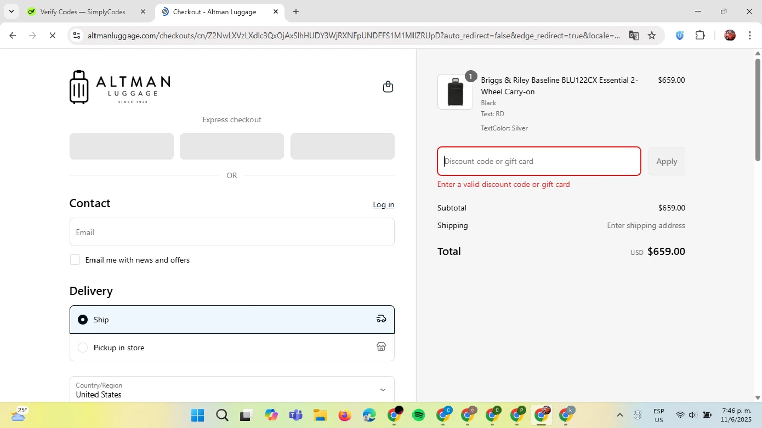 Altman Luggage discount code screenshot showing code Shop applied at Altman Luggage checkout page. Uploaded by SimplyCodes community member GloriousDefender7889 on Jun 11, 2025